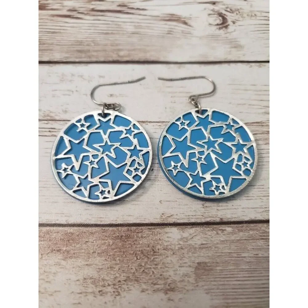 Dangle Earrings For Pierced Ears - Blue Circle with Silver Tone Stars